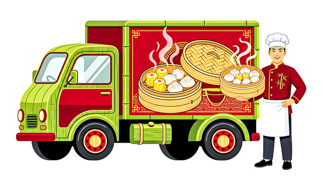 Chinese dim sum and dumplings food truck vector illustration
