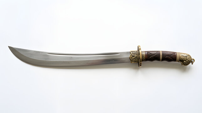 Antique ornate short sword with curved blade and decorated handle.