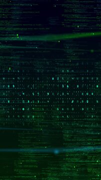 Green programming code, numbers data streams move across a dark cyber interface, creating high demand technology software, security, hacking, server, encryption, analytics digital network projects.