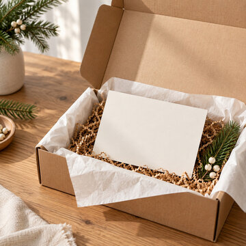 Gift box unboxing mockup with blank insert card and festive details