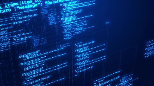 Glowing blue programming scripts transparent interface panels futuristic coding environment developer content, application design, automation, computing, system engineering, analytics and technology