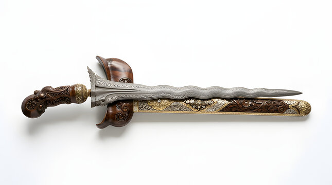 Traditional Indonesian Keris Dagger with Wavy Blade and Wooden Scabbard.