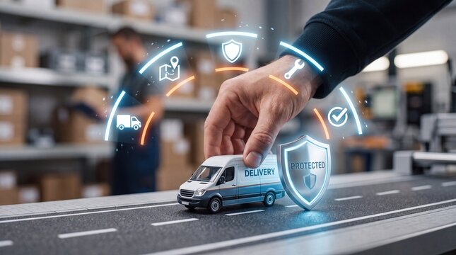 Hand placing a miniature delivery van on a road model with digital protection icons