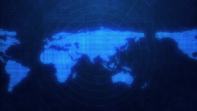 Futuristic world map scan glowing continents, radar circles digital points for global networks, navigation, telecom, security, trade, transport, monitoring, analytics international technology stories.