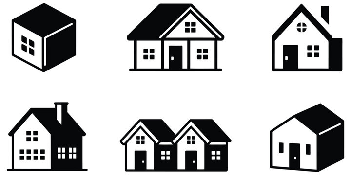 A collection of six black and white house icons featuring different perspectives, including isometric cubes, front-facing facades, and simple cottage shapes