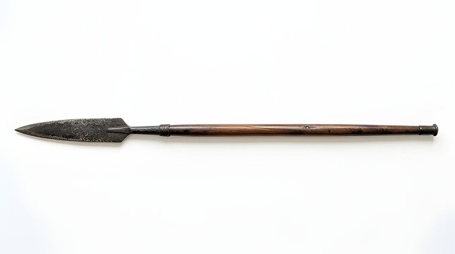 Ancient tribal spear with a sharp metal blade and wooden handle.