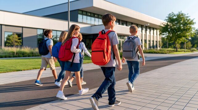 Students with backpacks walking to school building for education