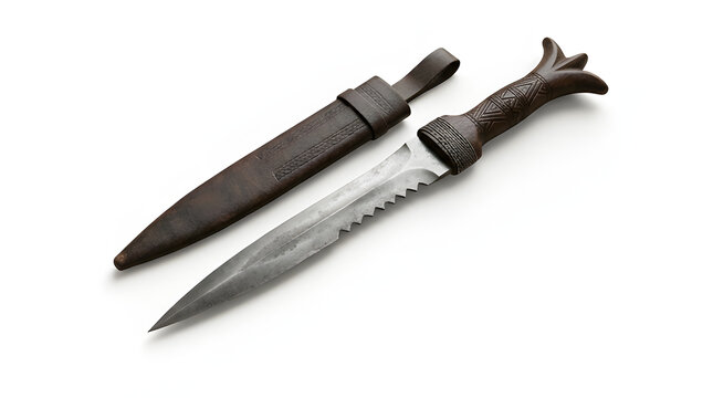 Ancient style ornamental dagger with a decorative sheath isolated on white background.