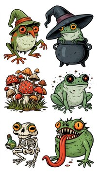 Spooky cartoon frogs, skeleton, and mushrooms collection