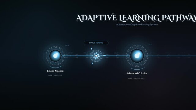 Adaptive learning pathway interface showing autonomous cognitive routing system with nodes for linear algebra and advanced calculus with AI remedial synthesis for education technology