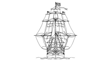 Line Art Drawing of a Historic Sailing Ship with Full Sails © Gege