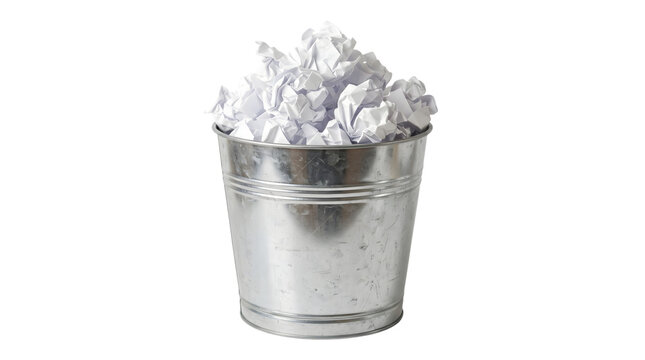 Metal waste bin filled with crumpled white paper balls on a isolated transparent background png