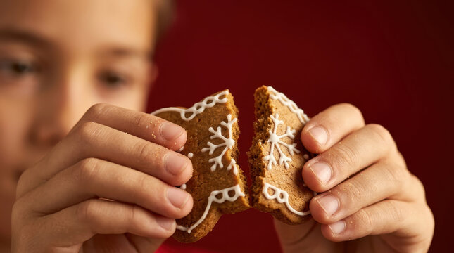 A child holds a gingerbread cookie with icing decorations and breaks it in half. The focus is on the cookie and the child's hands, with a simple red background