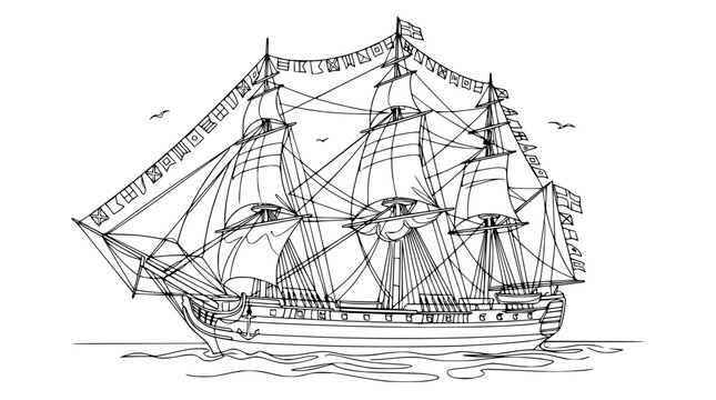 Vintage Sailing Ship Illustration with Flags on Transparent Background