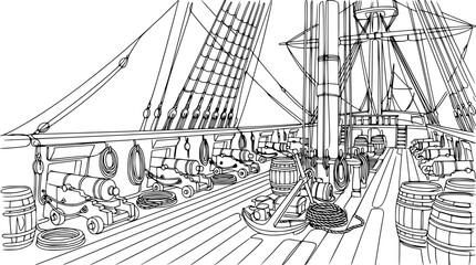 Old Sailing Ship Deck with Cannons, Barrels, and Rigging - Line Art Illustration © Gege