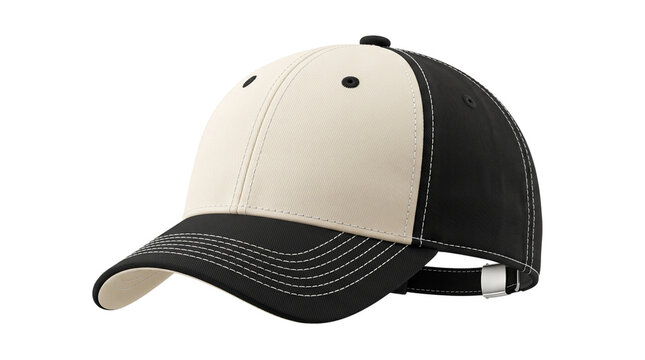 Twotone baseball cap with black visor and cream crown isolated on transparent background