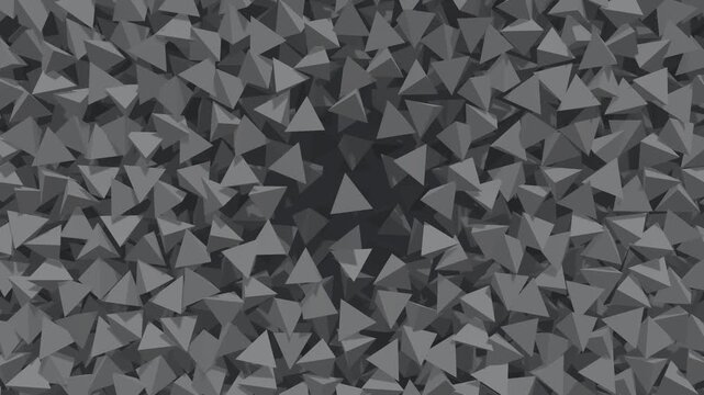 3D geometric background animation of rotating grey low poly triangle shapes loop