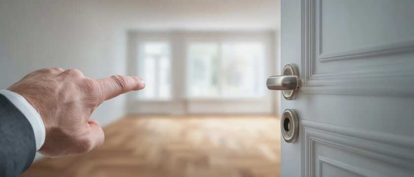 Hand opening an elegant door to a bright space.