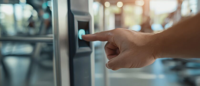 Hand using gym equipment button.