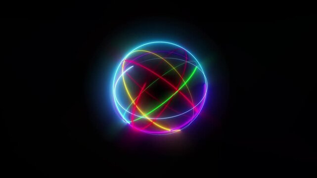 Vibrant glowing orbital paths futuristic atomic sphere black, quantum computing, particle physics, scientific discovery, energy research, advanced processors, education, emerging technology visuals.