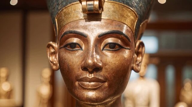Ancient Egyptian bust of Nefertiti with golden headdress in museum display. Bust of Queen Nefertiti, showcasing intricate details of her headdress and regal features within a.