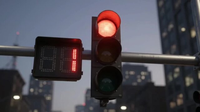 Red Traffic Light with Countdown Timer in Urban City Street