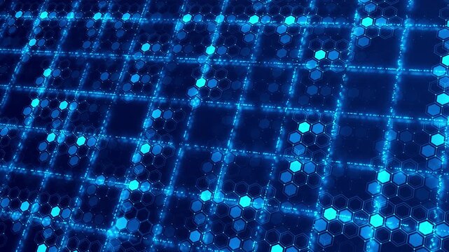 Electric blue honeycomb cells network paths modern technology data security, decentralized systems, cloud infrastructure, digital finance, science, computing, AI networks enterprise presentations.