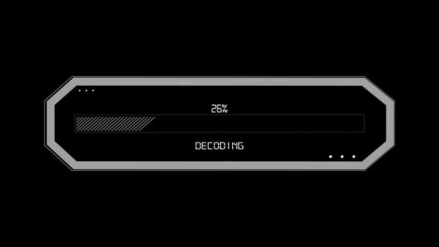 Dark futuristic decoding interface percentage status loading bar decryption, software installation, authentication, cyber access, system processing, security verification digital technology operations