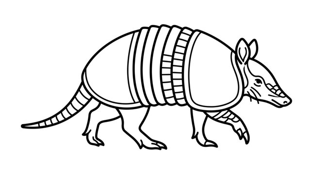Black and white line art illustration of an armadillo standing, featuring detailed shell plates and claws, isolated on a clean white background