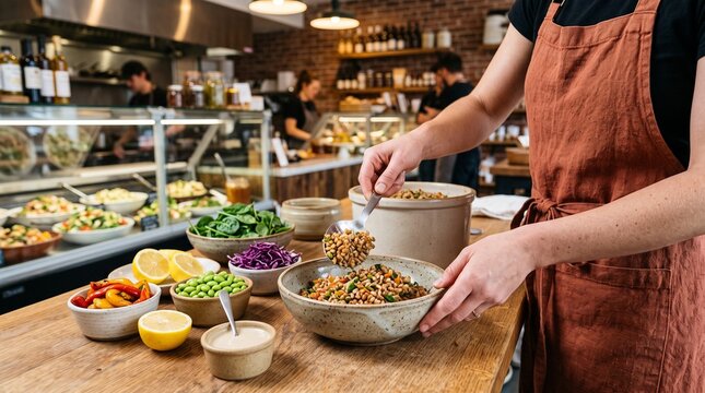 Hands portion a fresh farro bowl at deli prep