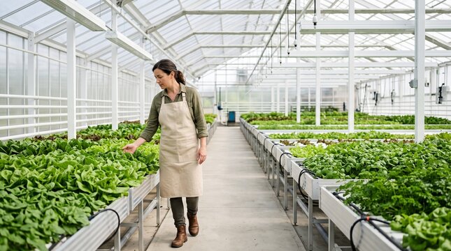 Grower inspects leafy crops in a low water greenhouse