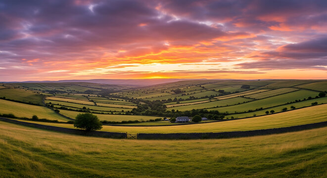 Panoramic View of Rolling Hills and Patchwork Fields Under Dramatic Sunset Sky