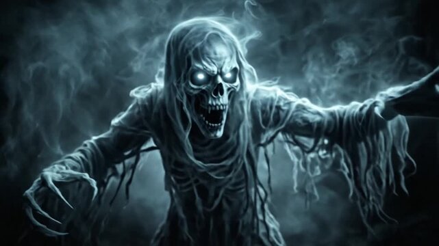 A terrifying spectral skeleton emerges from the dark misty shadows