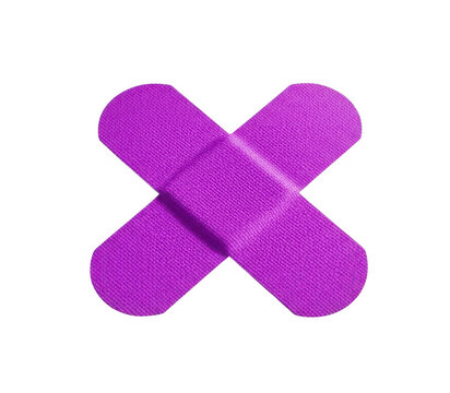 Purple adhesive bandage cross. Medical plaster strip isolated. First aid healthcare icon.