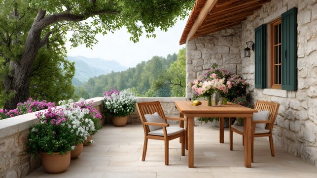 Mediterranean stone patio with mountain view and flowers