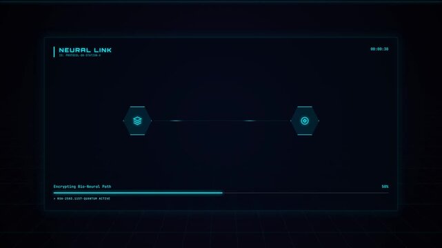 Futuristic neural link interface displaying data synchronization progress on a dark screen.