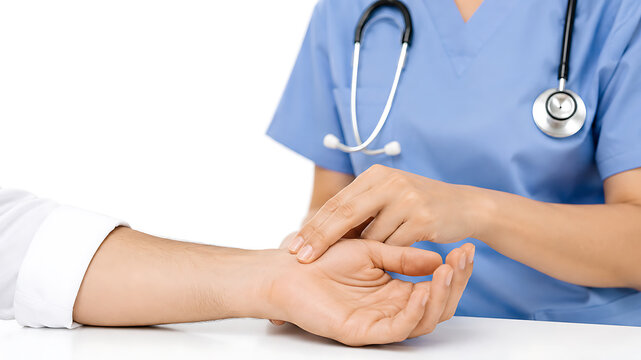 Nurse checking patient pulse on wrist during medical examination in clinic