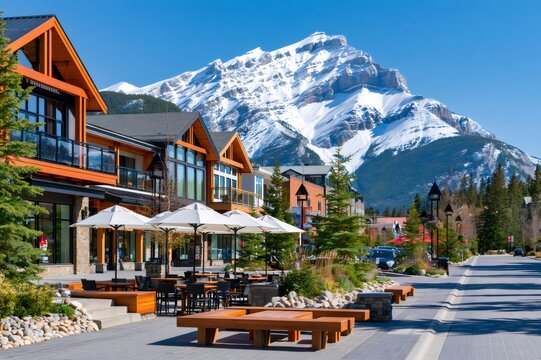 Banff town architecture with Mount Cascade in Alberta Canada