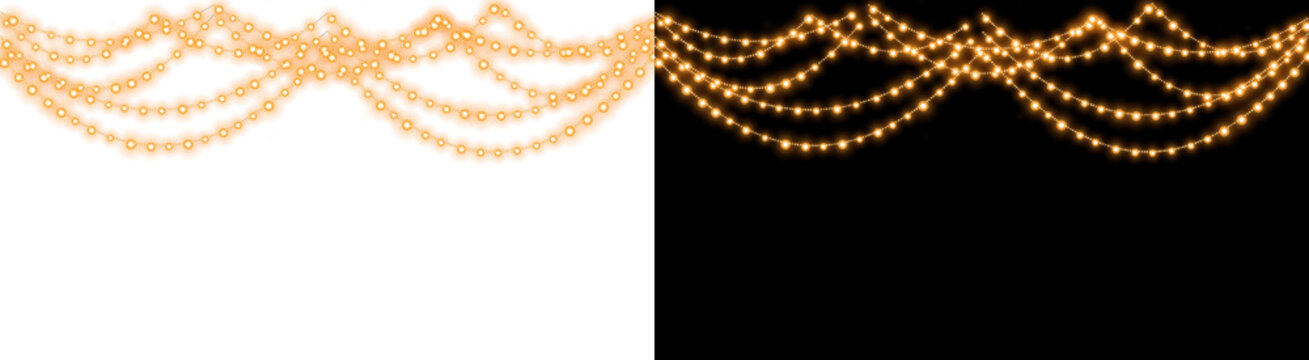 Glowing festive orange Christmas fairy string lights hanging in layers split design