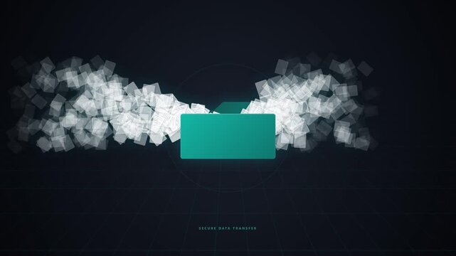 Teal container ejecting numerous small white squares into dark space.