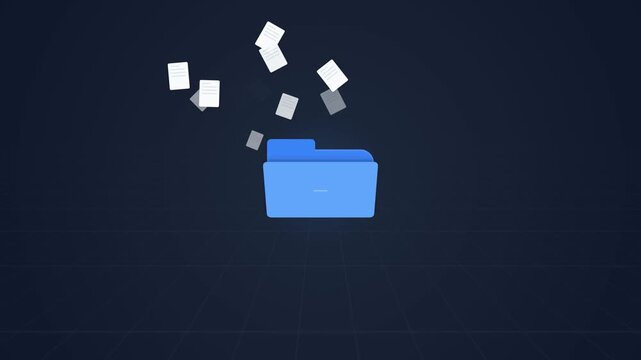 Blue folder receiving multiple white paper documents floating from above.