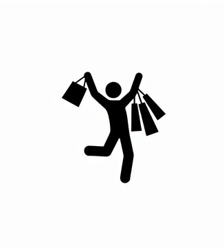 Minimalist shopping icon, happy buyer jumping with bags. Retail customer symbol for ecommerce design
