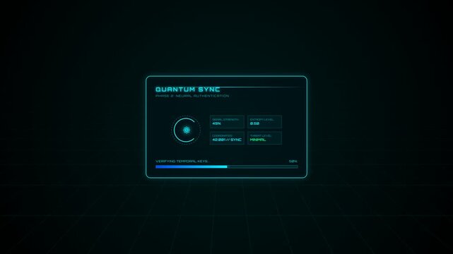 Quantum sync diagnostics window displays parameters on a dark sci fi grid.