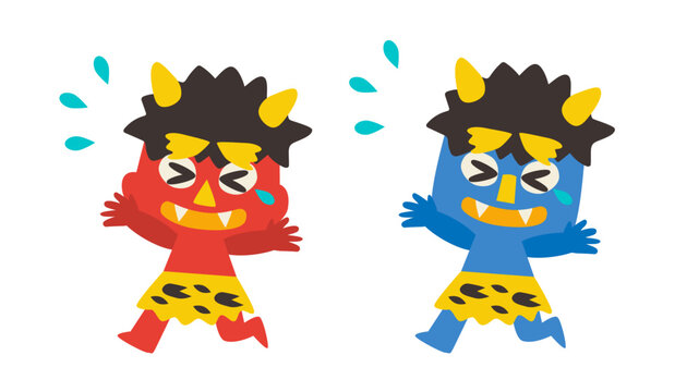 節分　泣きながら逃げる赤鬼と青鬼　ベクターイラスト