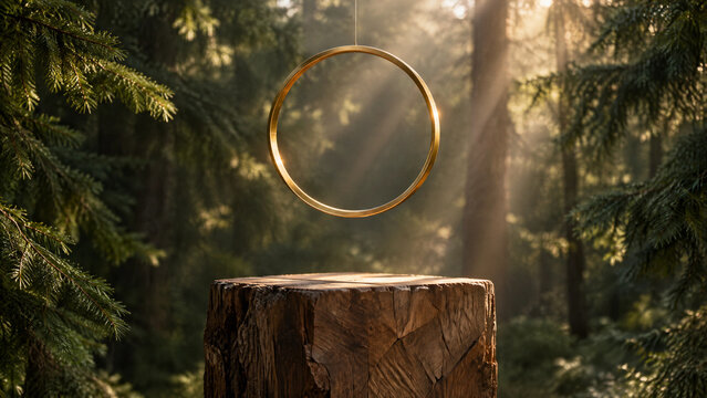 Golden ring suspended above a wooden tree stump in a sunlit forest with natural light and copy space
