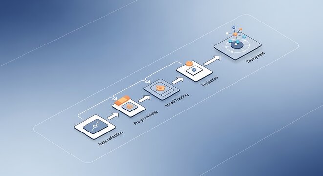 Machine learning workflow diagram showing data collection processing training evaluation