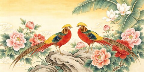 Obraz premium Traditional Chinese Painting Pair Of Golden Pheasants On Rock With Peonies Magnolia Banana Leaves And Auspicious Clouds