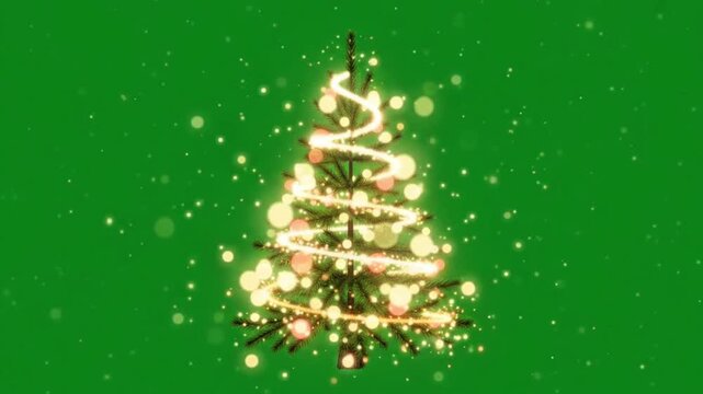 ​Glowing Christmas Tree with Light Trail, Magic Particle Bokeh, and Falling Snowflakes on Green Screen Background