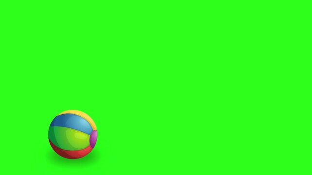 Colorful beach ball bouncing and moving across green screen background, playful motion.