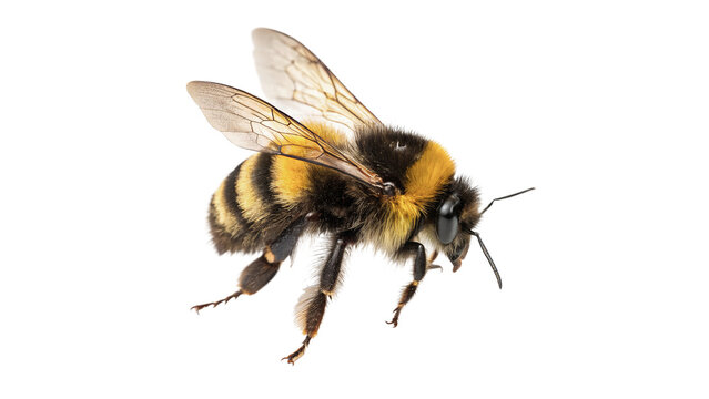 Single wild honey bee insect flying wings open isolated on transparent background.